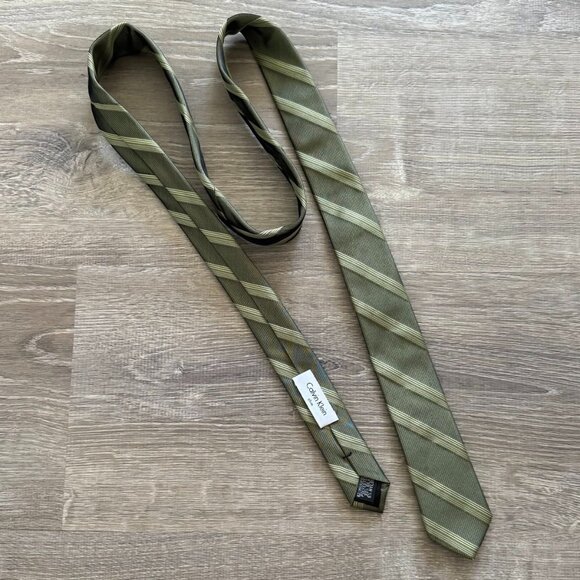 Calvin Klein Olive Green Striped Slim Silk Tie - Picture 1 of 5